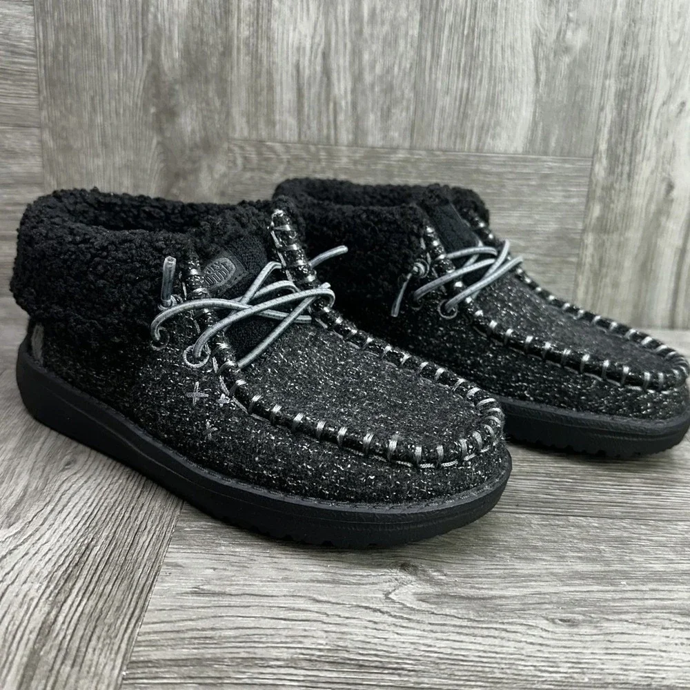 Hey Dude Windy Foldy Brushed Cozy Kids 2 Black SlipOn Winter Boots NEW 42143-060